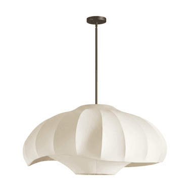 An off-white sculptural pendant light with an organic, undulating form, suspended by a dark metal rod and canopy. The shade appears to be made from a translucent, fabric-like material stretched over a frame, creating a ribbed or pleated texture. It is designed to provide diffused ambient lighting. — 3D model (AI enhanced source)