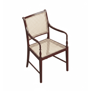 A classic colonial-style armchair featuring a dark-stained wooden frame with a cane woven seat and backrest. The armrests are gently curved, supported by elegantly turned spindles, and the legs are straight. — 3D model (AI enhanced source)