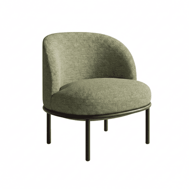 An upholstered armchair with a rounded seat and an integrated, curved backrest, supported by a minimalist dark metal frame with four straight legs. — 3D model (AI enhanced source)