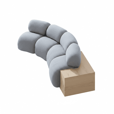 A modular sectional sofa with a curved design. The seating elements are rounded and puffy, resembling stacked cushions or pillows. It is upholstered in a light grey, textured fabric. Attached to one end is a rectangular wooden module that serves as an end table or armrest extension. The wood appears to be light-colored with a visible grain pattern. — 3D model (AI enhanced source)