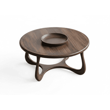A round coffee table crafted from dark wood, featuring a smooth, circular tabletop with a subtly recessed, integrated round tray in the center. The table is supported by a distinctive sculptural base composed of interconnected, curvilinear wooden elements, giving it an organic and modern aesthetic. The wood displays a rich, dark brown tone with visible grain. — 3D model (AI enhanced source)