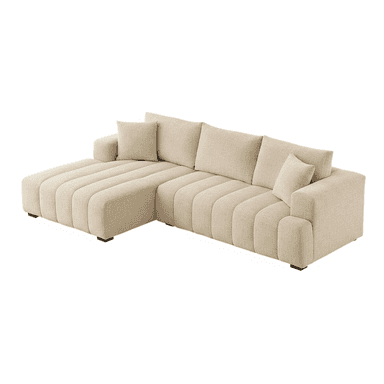 A modern L-shaped sectional sofa with a fixed left-hand chaise, upholstered in a light-colored woven fabric. The base and chaise feature distinctive vertical channel tufting. It includes multiple loose back cushions and accent pillows, supported by discreet black block feet. — 3D model (AI enhanced source)