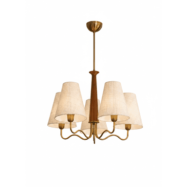 A multi-arm chandelier featuring a brass frame, a central wooden column, and five tapered fabric shades. The fixture is suspended by a brass rod and canopy. — 3D model (AI enhanced source)