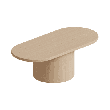 A minimalist oval coffee table made from light-toned wood, featuring a racetrack-shaped top supported by a single, sturdy cylindrical pedestal base. The wood grain is visibly consistent across both the top and the base. — 3D model (AI enhanced source)