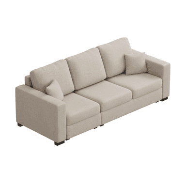 A modern three-seater modular sofa upholstered in a light beige fabric. It features three individual seat cushions and three back cushions, along with two small accent pillows. The sofa has clean lines with wide, square track arms and low-profile black block feet. The design suggests a contemporary or minimalist aesthetic, offering a comfortable and adaptable seating solution. — 3D model (AI enhanced source)