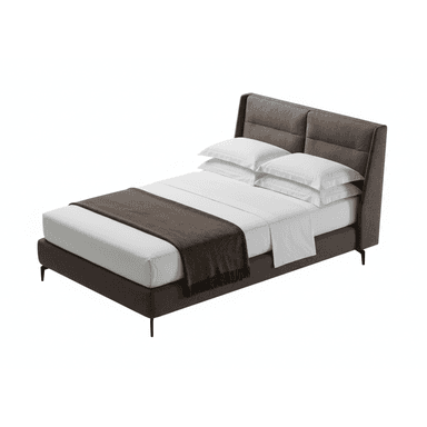 A modern upholstered bed frame with a headboard featuring vertical tufting. The bed is made up with white sheets, pillows, and a brown throw blanket. — 3D model (AI enhanced source)