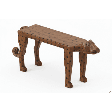 A wooden bench designed to resemble a cheetah. The seat is flat and rectangular, supported by four legs shaped like the animal's limbs. The head of the cheetah is carved at one end of the bench, and a tail is curled at the other. The surface of the bench and the legs are decorated with black spots, mimicking the coat of a cheetah. The overall aesthetic suggests an artistic or decorative piece. — 3D model (AI enhanced source)