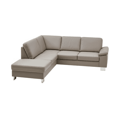 A modern L-shaped sectional sofa with an integrated chaise lounge, upholstered in a taupe-colored faux leather, resting on polished metal feet. — 3D model (AI enhanced source)
