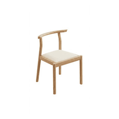 A modern dining chair made from light-colored natural oak wood, featuring a curved backrest that extends into partial armrests. The seat is upholstered in a light, neutral-toned fabric, and the chair stands on four straight wooden legs. — 3D model (AI enhanced source)