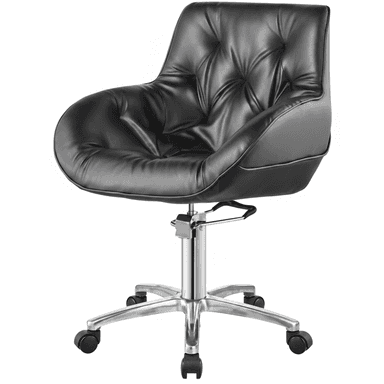 A contemporary black faux leather swivel desk chair with deep tufting and a polished chrome five-star caster base. — 3D model (AI enhanced source)