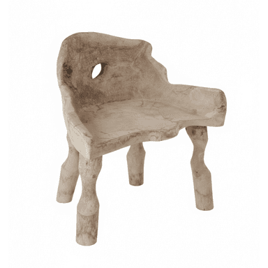 A unique lounge chair carved from a single piece of weathered, light-colored wood, likely teak or a similar robust timber. It features an organic, sculptural form with integrated backrest and armrests, showcasing natural imperfections and grain patterns. The legs are irregularly shaped, contributing to its primitive and rustic aesthetic, and there is a distinct, naturally occurring or carved hole in the upper backrest. — 3D model (AI enhanced source)