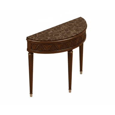 A sophisticated demilune console table featuring a dark brown marble top with intricate veining, supported by a finely carved wooden apron. The table stands on four elegant, fluted and tapered legs, each capped with a polished brass sabot. — 3D model (AI enhanced source)