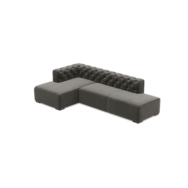 A modular sectional sofa with a tufted backrest on one section and plain upholstered seating modules. The sofa is upholstered in a dark grey fabric and is configured in an L-shape. The backrest features deep button tufting in a diamond pattern. The seating modules have a modern, minimalist design with clean lines and are supported by low-profile dark feet. — 3D model (AI enhanced source)