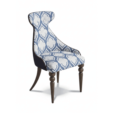 A high-backed armchair with a distinctive silhouette, featuring upholstery with a blue and white geometric pattern. The chair has four legs, with the front legs exhibiting a turned design with spherical elements, and the back legs are more slender and curved. Decorative nailhead trim lines the edges of the upholstery. — 3D model (AI enhanced source)