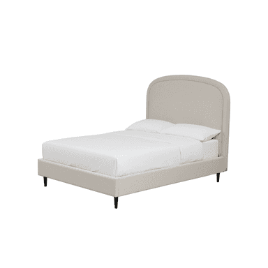 A contemporary upholstered platform bed featuring a rounded headboard and matching upholstered side rails and footboard, all covered in a light beige textured fabric. The bed stands on four dark, tapered legs, contributing to its low-profile design. It is presented with white bedding. — 3D model (AI enhanced source)