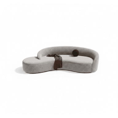A modern upholstered sofa featuring an organic, asymmetrical, and gently curved silhouette, presented in a light grey fabric. — 3D model (AI enhanced source)