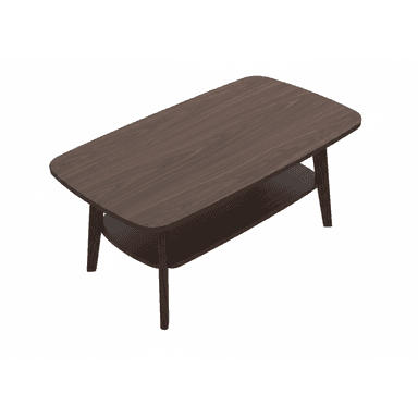 A dark brown rectangular coffee table featuring softly rounded corners, a lower storage shelf, and four outward-tapering legs. — 3D model (AI enhanced source)