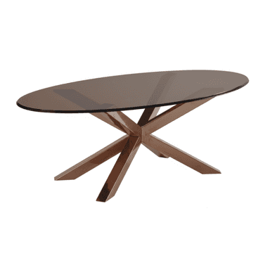 An oval-shaped coffee table featuring a smoked glass top and a sculptural starburst-design metal base with a rose gold finish. The design is contemporary, emphasizing clean lines and a striking geometric form. — 3D model (AI enhanced source)