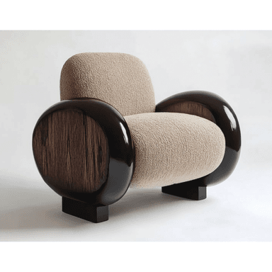 A single-seater armchair featuring a distinctive sculptural design with plush, textured light-beige boucle upholstery for the seat, backrest, and inner armrests. The prominent, rounded armrests are finished in a dark, glossy, possibly lacquered wood or resin, with contrasting inset panels of natural, textured dark wood grain. The chair rests on a minimalist, dark, rectangular plinth base. — 3D model (AI enhanced source)