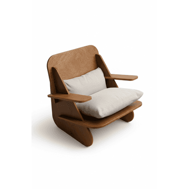 A modern armchair with a low profile and a distinctly angular design. The frame is constructed from layered wood, giving it a unique, multi-dimensional appearance. It features integrated armrests that extend horizontally and a supportive backrest. A single, plush cushion upholstered in a light-colored, textured fabric is placed on the seat, providing comfort. — 3D model (AI enhanced source)