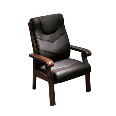 A traditional executive guest armchair featuring a dark wood frame and black faux leather upholstery. The chair has a tall backrest with a slight recline, padded seat, and curved wooden armrests. The upholstery on the back and seat exhibits a segmented, lightly perforated design. — 3D model (AI enhanced source)