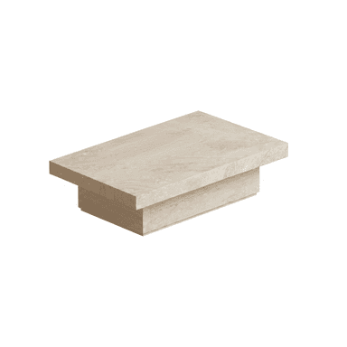 A rectangular, low-profile table constructed from light-colored travertine stone, featuring a thick, overhanging top slab supported by a smaller, recessed plinth base. — 3D model (AI enhanced source)