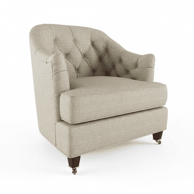 An upholstered armchair featuring a classic design. The chair has a light beige, textured fabric upholstery, characterized by deep diamond tufting on the backrest. It possesses gently rolled arms and a plump, removable seat cushion. The chair is supported by short, dark wood tapered legs, each fitted with brass caster wheels, suggesting a blend of traditional elegance and practical mobility. — 3D model (AI enhanced source)