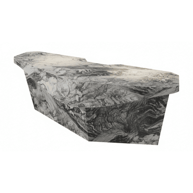 A long, contemporary reception desk crafted entirely from highly veined marble, featuring an irregular, faceted base and a subtly contoured top surface, designed for a modern aesthetic. — 3D model (AI enhanced source)
