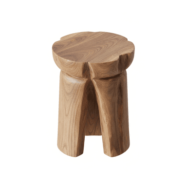 A sculptural solid teak wood stool with an organic design. It features a rounded top with subtly scalloped edges and three thick, curved legs that are seamlessly integrated into the top, creating a sturdy and cohesive form. The natural wood grain is prominent throughout the piece. — 3D model (AI enhanced source)