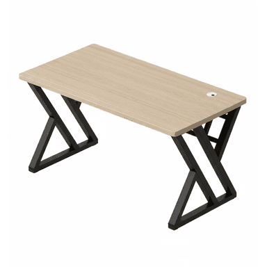 A modern office desk featuring a rectangular desktop with a light wood-grain finish, supported by distinctive black powder-coated steel Z-shaped legs. The desk includes a circular cable management grommet on the top surface for wire organization. — 3D model (AI enhanced source)