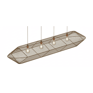 A long, linear pendant light fixture featuring a geometric, faceted frame constructed from fine bronze-toned metal mesh. Four exposed filament light bulbs are suspended within the mesh structure, each housed in a small, cylindrical wooden holder. The fixture hangs from the ceiling by multiple slender cords, creating a modern industrial aesthetic. — 3D model (AI enhanced source)
