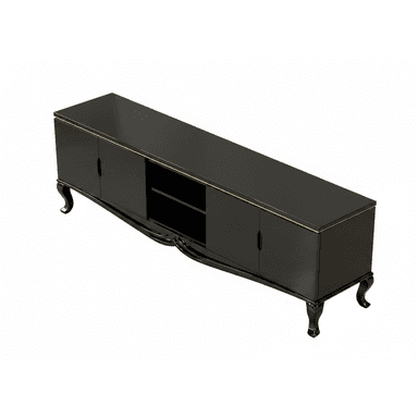 A long, low, rectangular media console or TV stand featuring a glossy black lacquered finish, accented with gold-toned trim along the top edges. The unit is divided into two closed cabinets with doors on the ends and a central open compartment with internal shelving. It is supported by four ornate, curved cabriole-style legs. — 3D model (AI enhanced source)