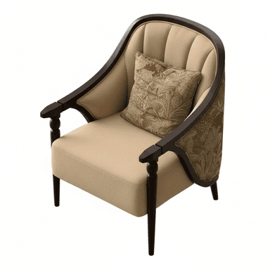 An upholstered armchair featuring an exposed dark wood frame, a beige fabric seat and inner back, and a patterned fabric on the outer back. The inner back is channel tufted, and the front legs are turned. — 3D model (AI enhanced source)