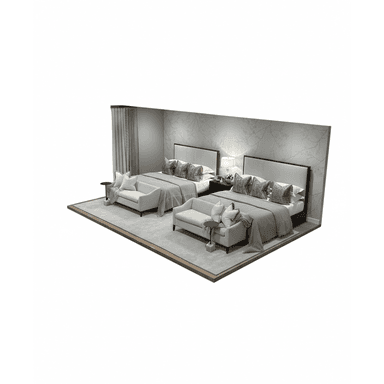 A contemporary king-size bed featuring a dark wood frame and a tall, rectangular upholstered headboard in a light neutral fabric. The bed is dressed with white and grey bedding, including multiple decorative pillows, and is positioned within a bedroom setting with matching elements. — 3D model (AI enhanced source)