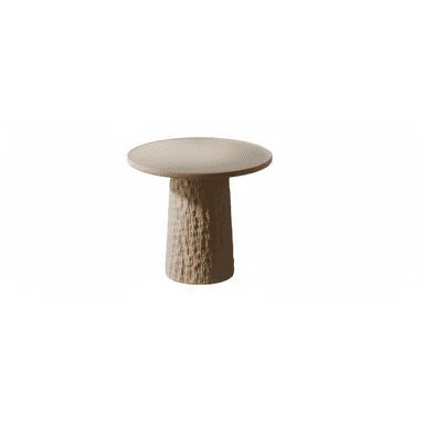 A contemporary pedestal side table featuring a smooth, round, light beige top supported by a thick, cylindrical base with a visibly textured, organic finish in a matching light, natural tone. The overall design is minimalist and sculptural. — 3D model (AI enhanced source)