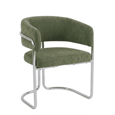 An olive green upholstered accent chair featuring a curved backrest and integrated armrests. The chair is supported by a continuous tubular chrome frame that forms a sled base, providing a modern and minimalist aesthetic. — 3D model (AI enhanced source)