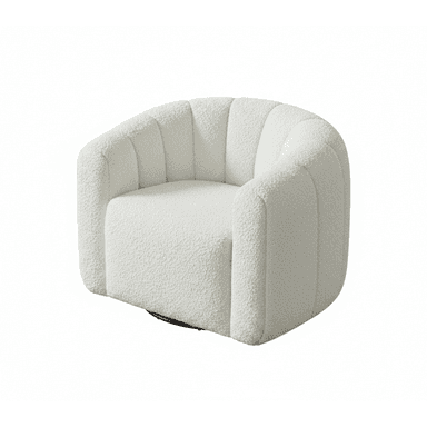 An off-white, channel-tufted bouclé swivel barrel chair. The chair features a rounded, plush design with vertical channel tufting along its backrest and armrests, which form a continuous curve. It is upholstered in a textured bouclé fabric and sits on a discrete swivel base, allowing for 360-degree rotation. The overall aesthetic is contemporary and inviting. — 3D model (AI enhanced source)