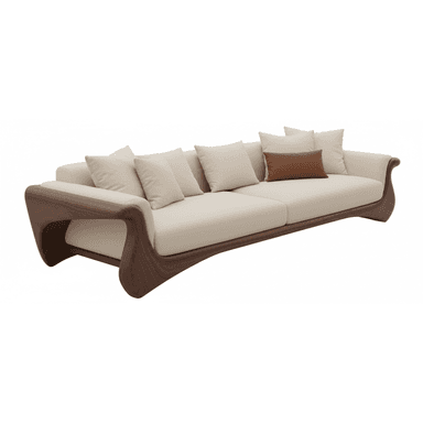 A long contemporary sofa featuring a distinctive, curved dark wood frame with light cream fabric upholstery and several throw pillows. — 3D model (AI enhanced source)