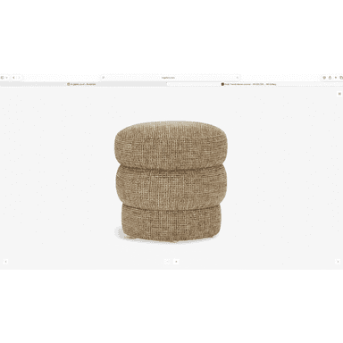 A round, three-tiered upholstered pouf, covered in a textured, light brown woven fabric, resting on a white background. — 3D model (AI enhanced source)