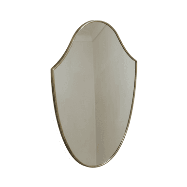 A wall-mounted mirror featuring a distinctive scalloped, shield-like silhouette. The mirror is framed by a slender, polished brass border, giving it an elegant and classic appearance. The glass surface reflects light, and the overall design suggests a blend of traditional and contemporary aesthetics. — 3D model (AI enhanced source)