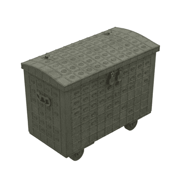 A large, rectangular storage chest with an arched lid, crafted from distressed metal. The entire surface is adorned with an embossed geometric pattern featuring squares with circular motifs. It includes side handles, front latch mechanisms, and small caster wheels for mobility. The finish is a muted dark grey-green, giving it an antique, rustic appearance. — 3D model (AI enhanced source)