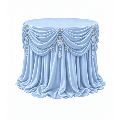 A round table completely covered by a light blue satin fabric drape, which is intricately gathered and swaged around the perimeter. The drapes are adorned with decorative crystal snowflake-like embellishments and hanging clear crystal pendants. The fabric pools elegantly at the base. — 3D model (AI enhanced source)