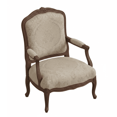 A traditional French Provincial style armchair featuring a carved wooden frame and elaborate upholstery. The chair has a tall, slightly curved back, rolled armrests, and cabriole legs. The fabric is light beige with a subtle, ornate medallion and scrollwork pattern. — 3D model (AI enhanced source)