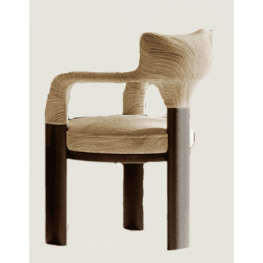 An armchair featuring a distinctive sculptural backrest and integrated armrests upholstered in a textured, light-colored fabric, supported by dark, square-profile legs. — 3D model (AI enhanced source)