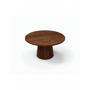A round, low-sitting coffee table made of dark walnut wood, featuring a circular top and a distinctive cylindrical pedestal base constructed from vertical wooden slats or reeds. — 3D model (AI enhanced source)