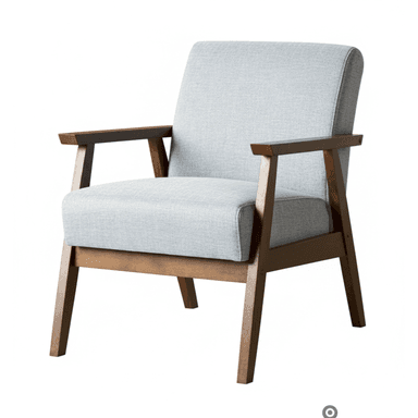 A light gray upholstered armchair featuring a visible dark brown wooden frame, straight back, and simple lines, typical of mid-century modern design. The chair has wide, flat armrests made of the same dark wood as the frame. Its tapered legs slightly splay outwards, contributing to a stable and elegant silhouette. The seat and back cushions appear integrated and are covered in a textured light gray fabric. — 3D model (AI enhanced source)
