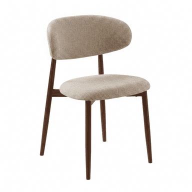 An armless dining chair featuring a dark wood frame with tapered legs and upholstered seat and backrest. The backrest and seat are rounded and covered in a light beige or greige textured fabric. — 3D model (AI enhanced source)