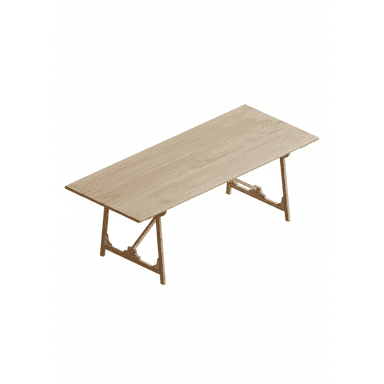 A light-colored wooden dining table featuring a rectangular tabletop supported by two distinctive trestle-style bases. The wood exhibits a fine grain, suggesting materials like oak or ash, contributing to a natural and minimalist aesthetic. The trestle bases are designed with angular supports and a horizontal crossbar, providing stability and a visually appealing structural element. — 3D model (AI enhanced source)