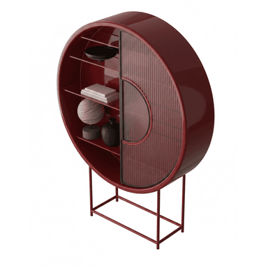 A circular, free-standing cabinet with a red-lacquered finish. It features open shelving on one side and a ribbed glass door on the other, enclosing a section of shelves. The cabinet is supported by a slim, angular metal base. — 3D model (AI enhanced source)