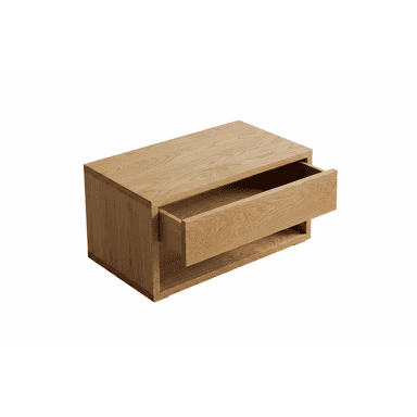 A modern nightstand crafted from light-colored wood, featuring a single, recessed pull-out drawer and an open storage compartment beneath it. The design is minimalist, with clean lines and a visible wood grain, suggesting a natural and contemporary aesthetic. The drawer is handleless, maintaining the smooth, uncluttered facade. The unit rests on a slightly recessed base, giving it a subtle floating appearance. — 3D model (AI enhanced source)